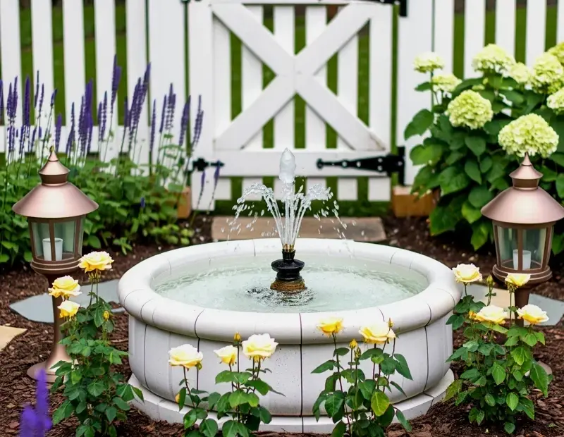 Garden Fountain with Yellow Roses & White Picket Fence | Stone Path Ideas