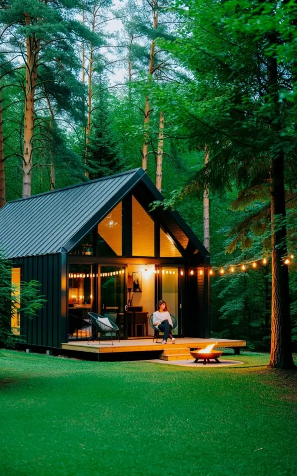 Modern black cabin with string lights and fire pit in the forest