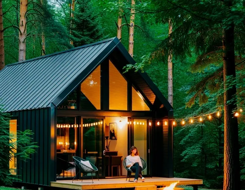 Modern black cabin with string lights and fire pit in the forest