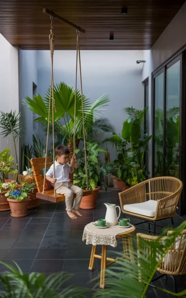 Indoor Outdoor Living Space with Wooden Hanging Swing Chair and Palm Plants